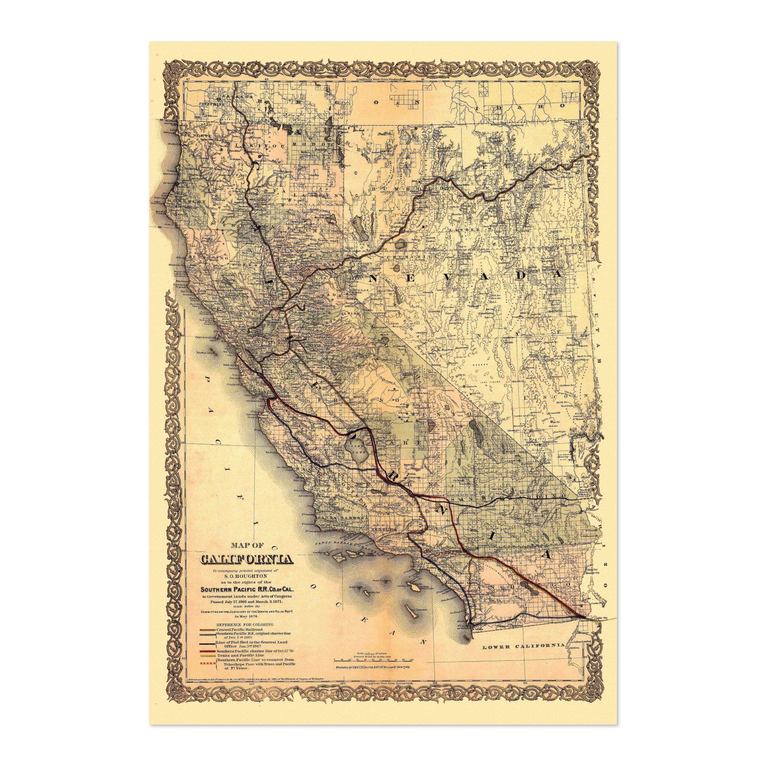 California & Nevada 1870s Railroad Map vintage print